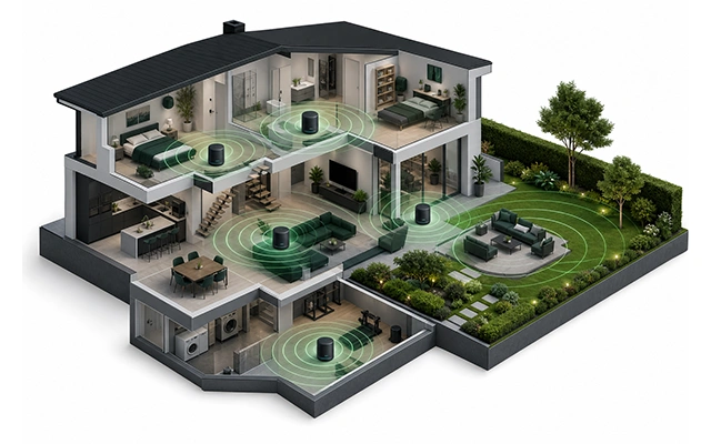 Mesh routery zajišťující pokrytí Wi‑Fi v celém domě i na zahradě